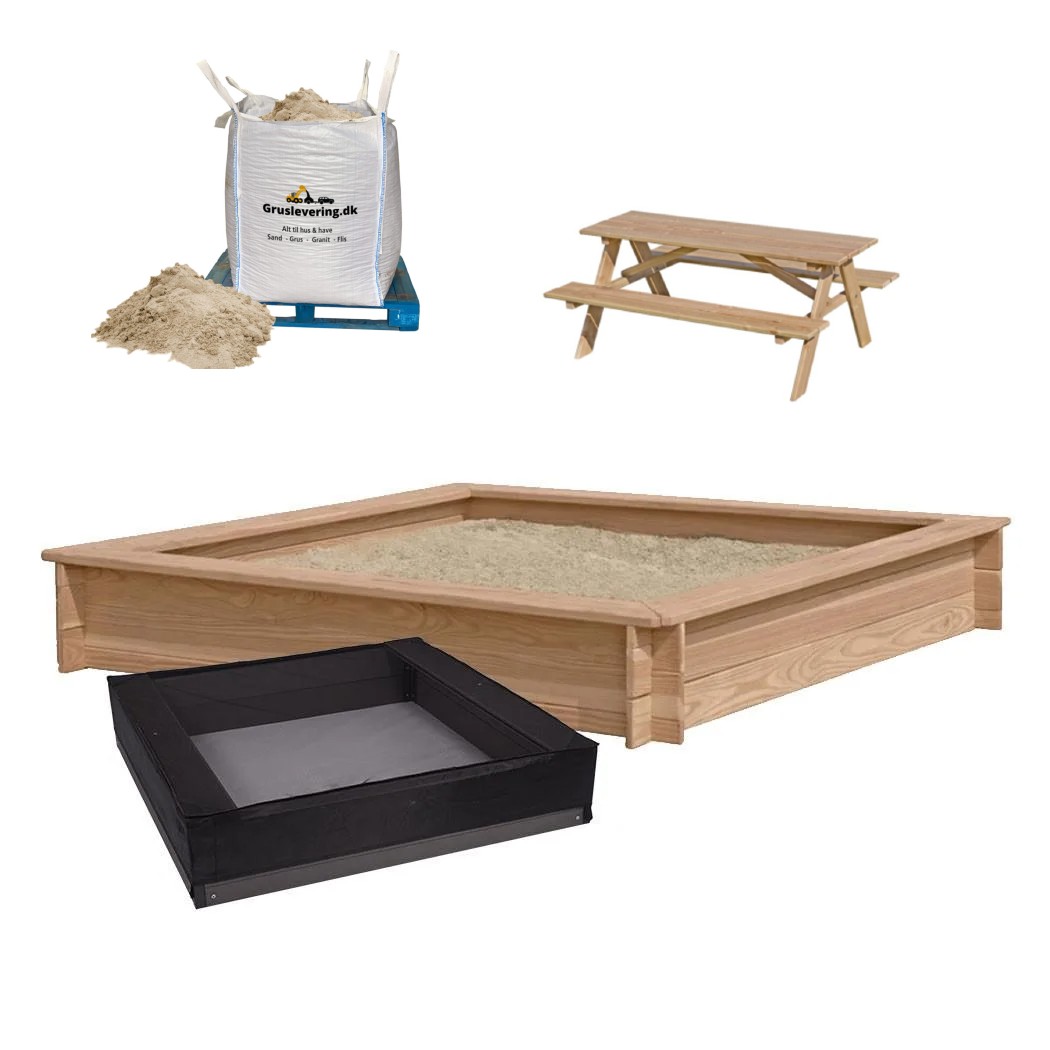 Billede af Sandkasse 150x150cm i lærk, 450kg sand, net og børne bord og bænke sæt Trykimp.